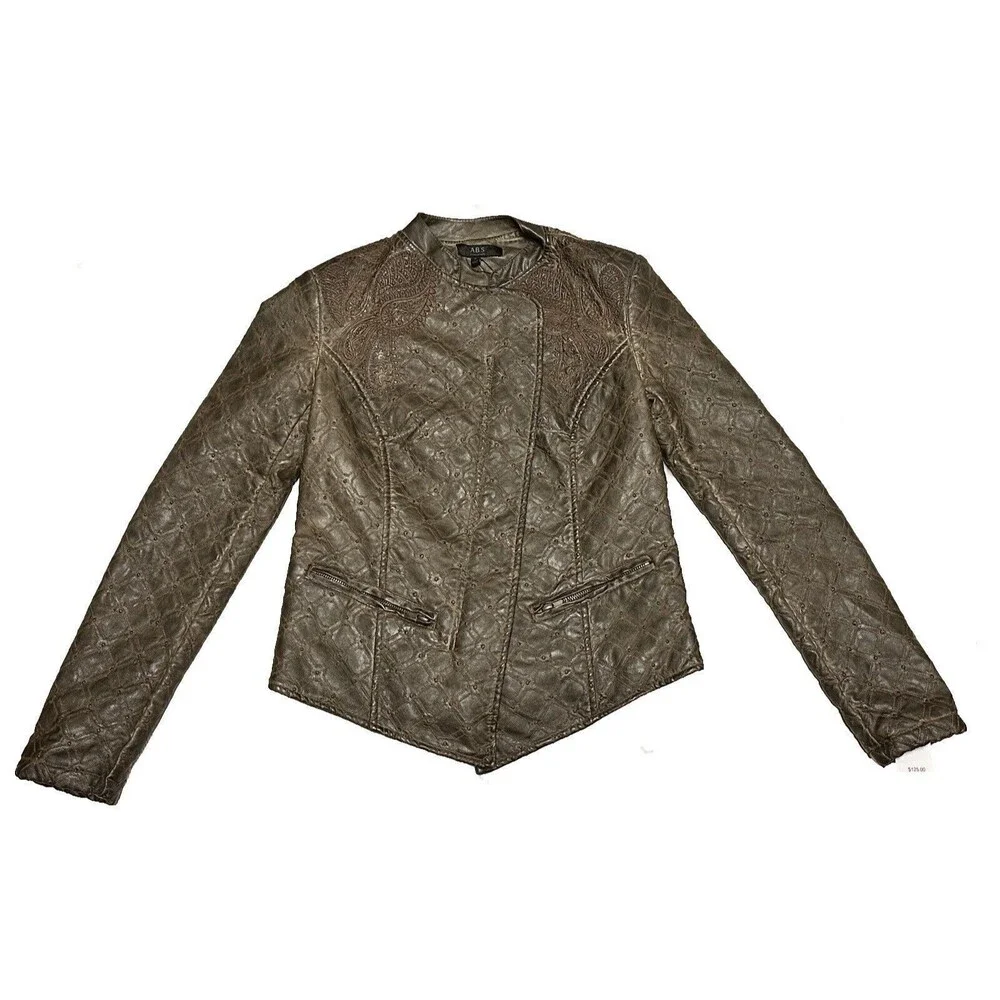 NEW Allen Schwartz Womens Small Lattice Embroidered Brown Faux Leather Jacket